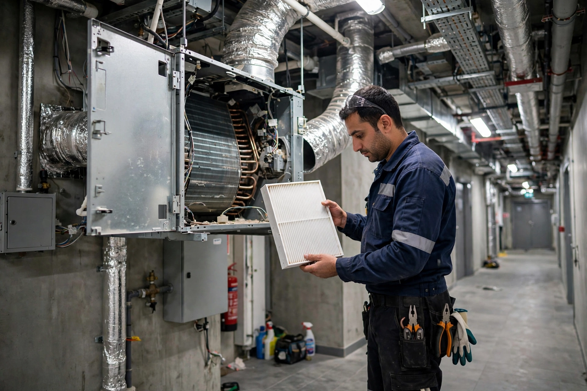 Commercial FCU filter replacement by HVAC technician in Riyadh