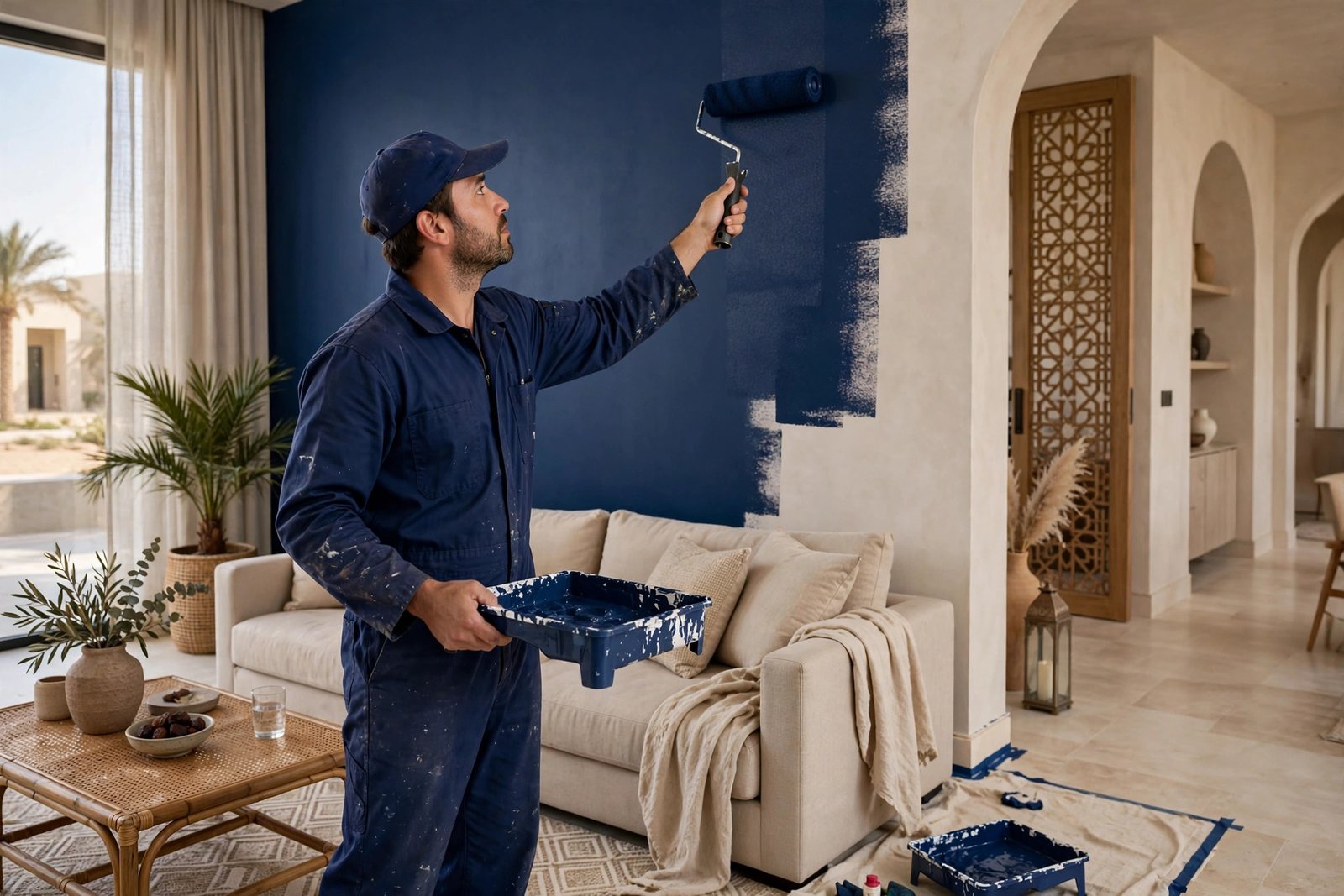 Painter finishing a navy blue accent wall behind a sofa in a modern Riyadh villa living room