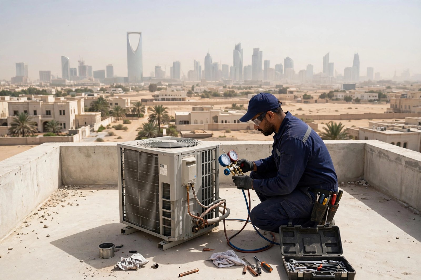 Outdoor condenser of a split AC brand built for Riyadh heat, serviced on a villa rooftop