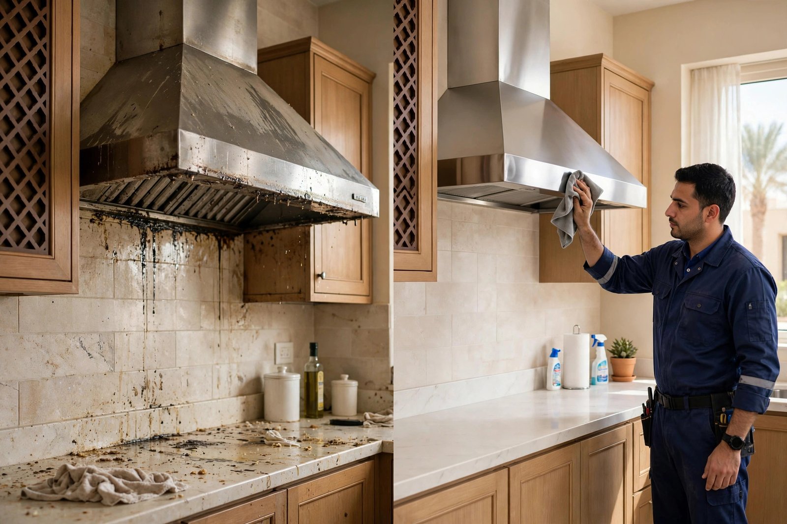 Sparkling clean kitchen exhaust hood after professional kitchen exhaust system cleaning in Riyadh