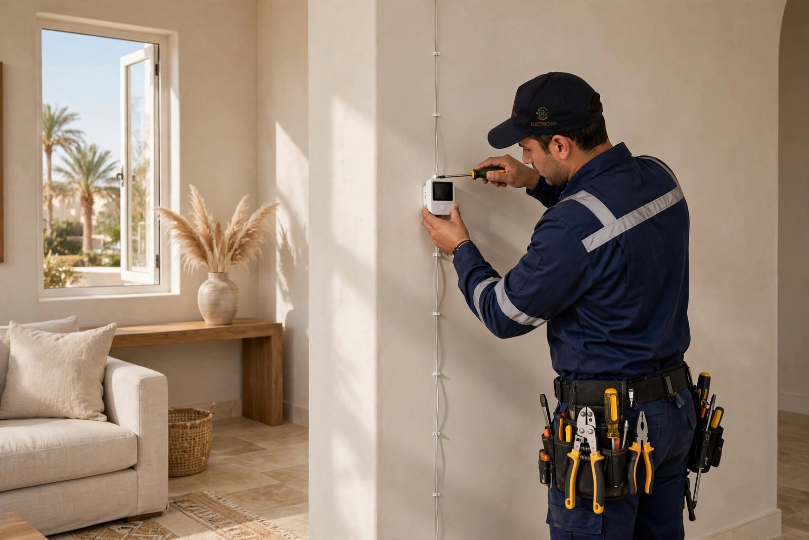 Electrician mounting indoor video doorbell chime monitor with neat low-voltage wiring in a Riyadh villa