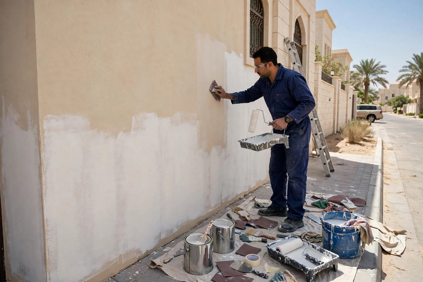Painter priming a villa exterior wall in Riyadh, a key step to prevent exterior paint fading
