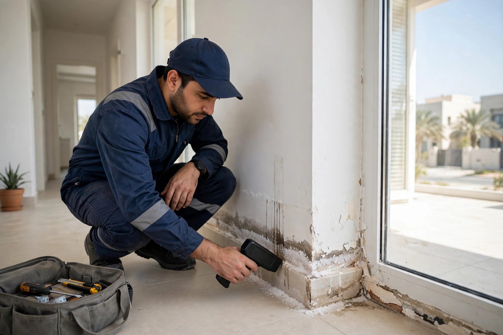 Technician inspecting wall moisture with a meter before starting wall dampness efflorescence treatment in a Riyadh villa