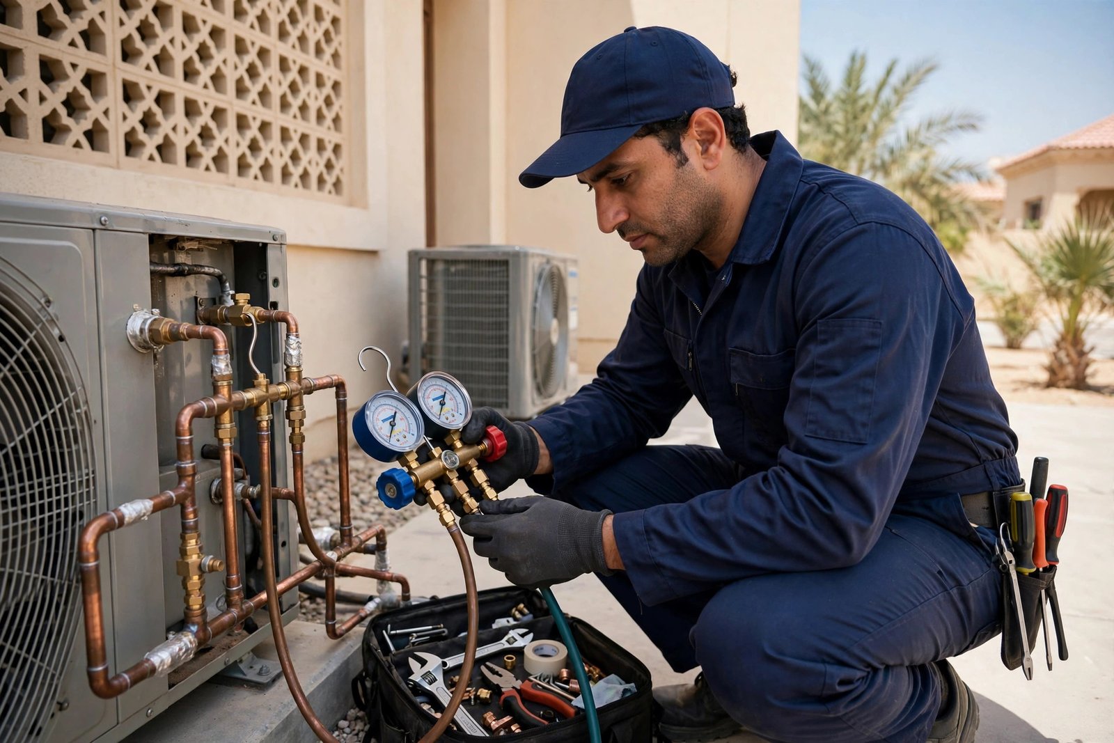 Post summer AC care steps: checking refrigerant gauges on an AC outdoor unit