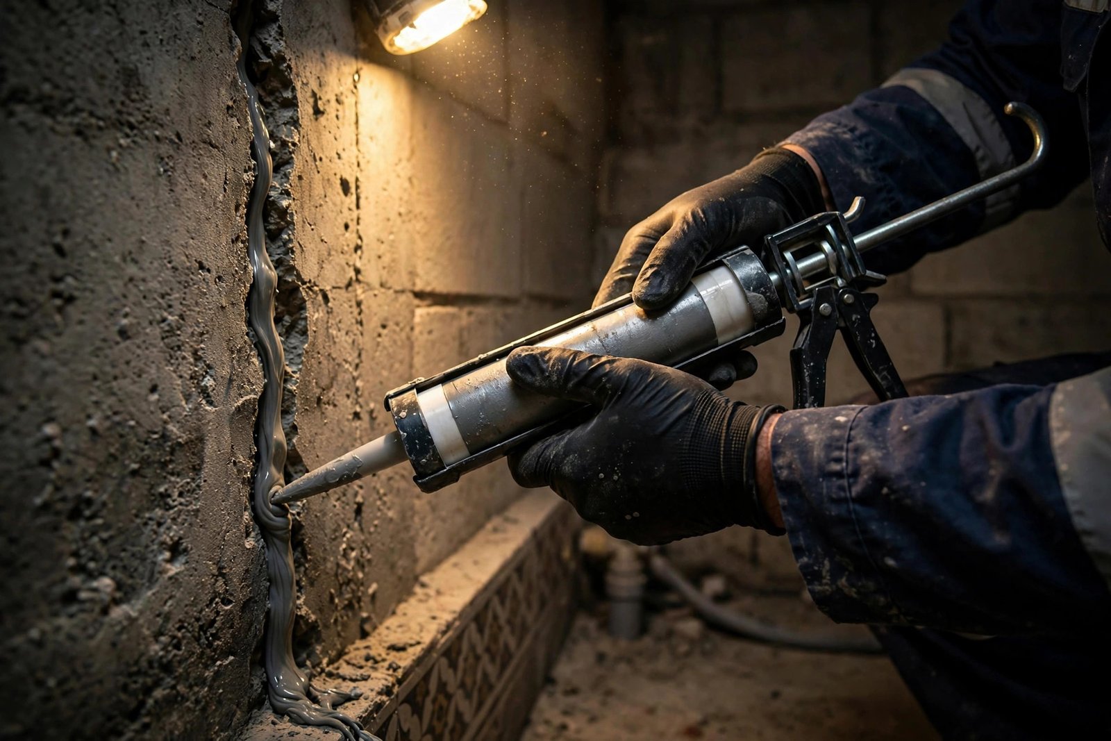 Close-up of foundation crack sealing by a technician, an affordable foundation waterproofing cost Riyadh fix
