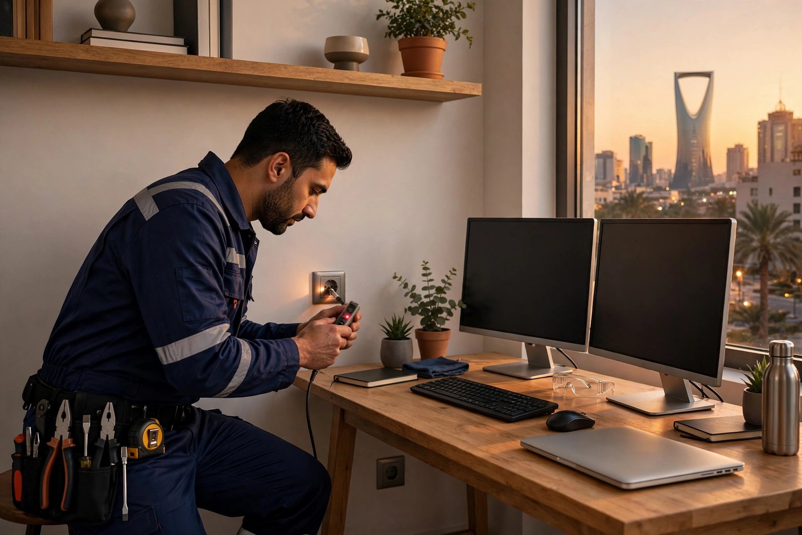 Electrician testing home office sockets with a voltage tester, final step of these home office wiring tips