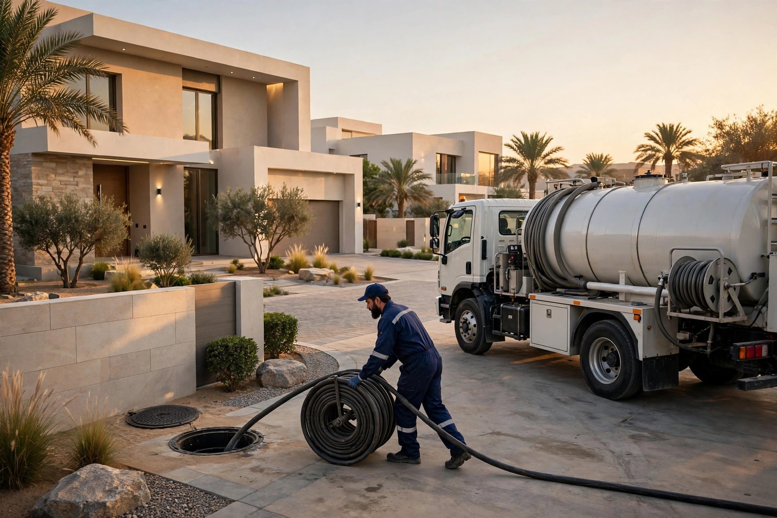Septic tank maintenance facts: septic service truck arriving at a Riyadh villa