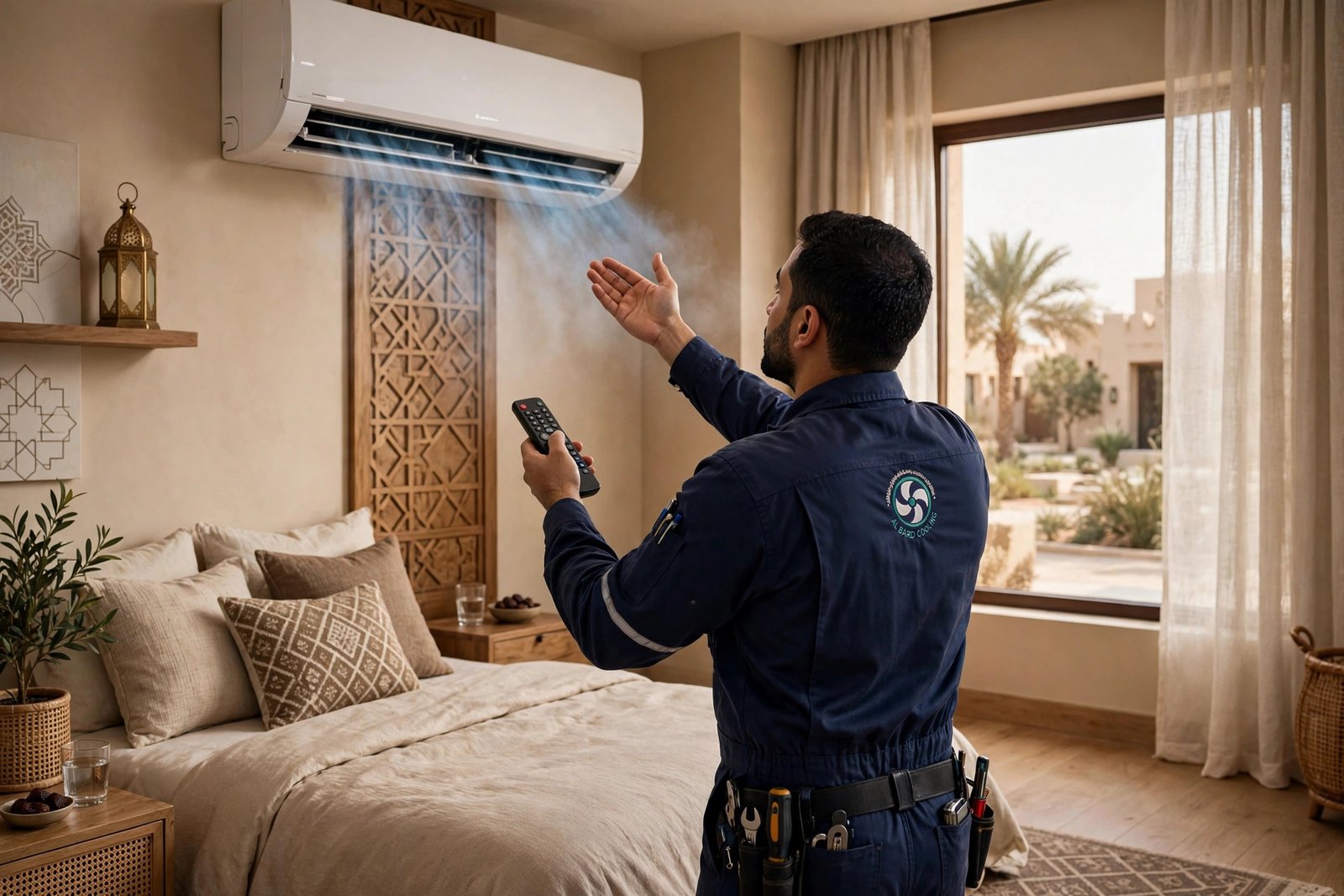 Final airflow test of a wall mounted split AC in a Riyadh bedroom, split ac price riyadh tonnage installation guide