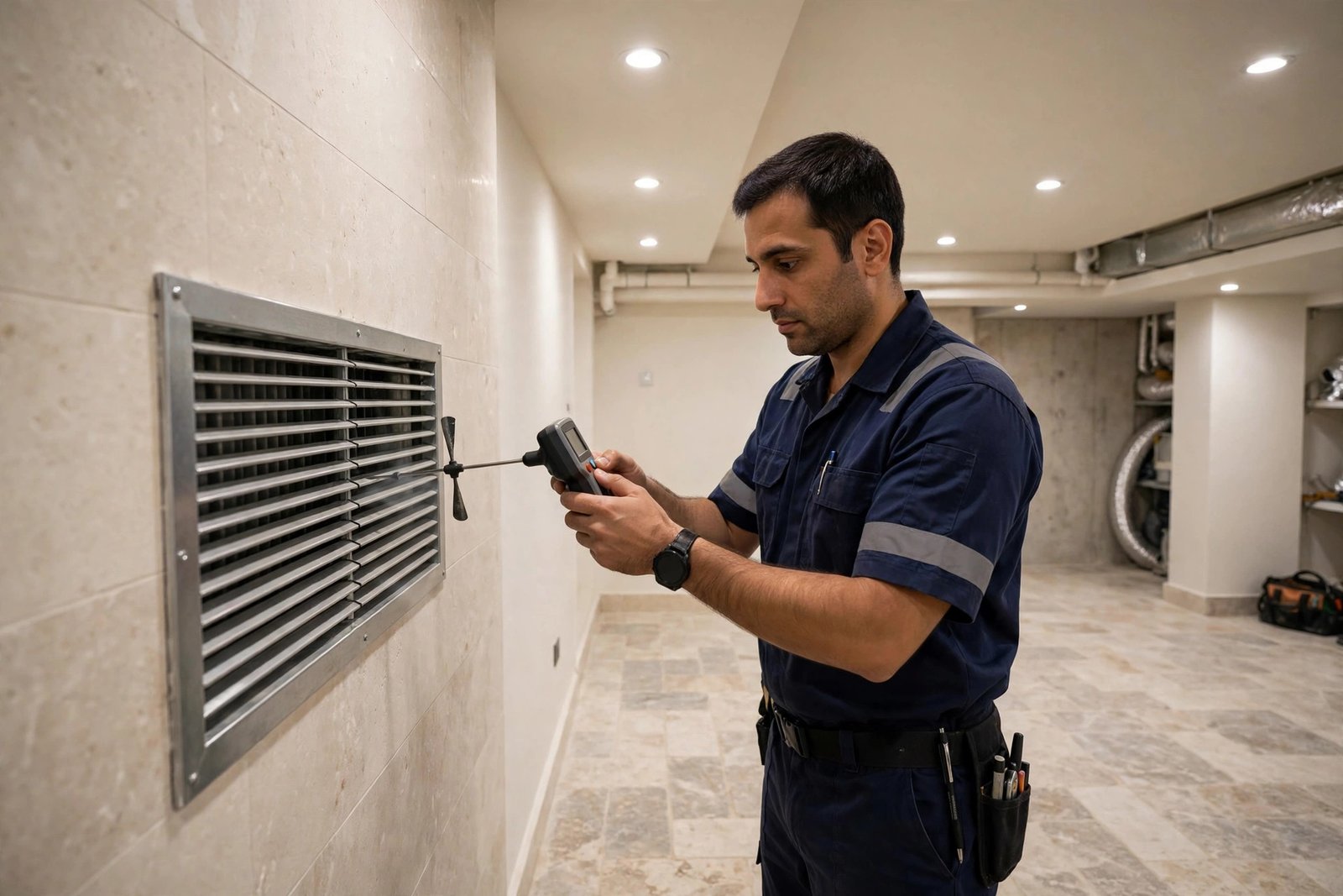 Technician measuring airflow at a vent grille during a basement ventilation solutions inspection in Riyadh