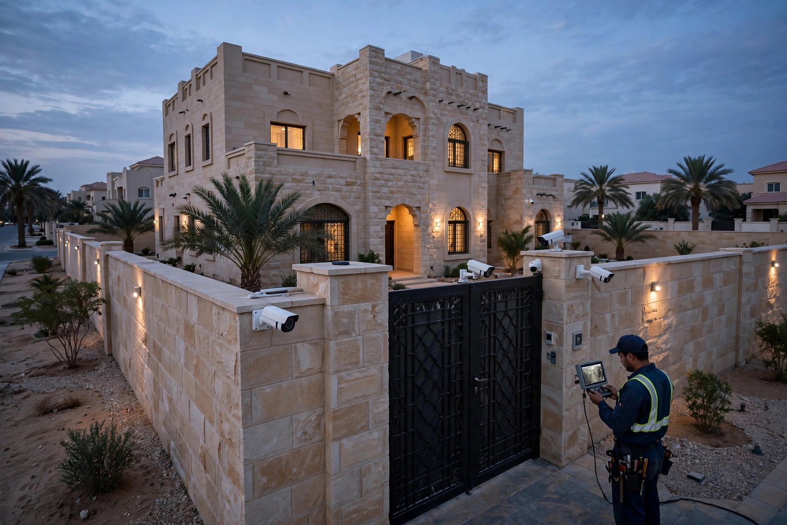 cctv installation cost riyadh: finished CCTV system with cameras on a Saudi villa exterior at dusk