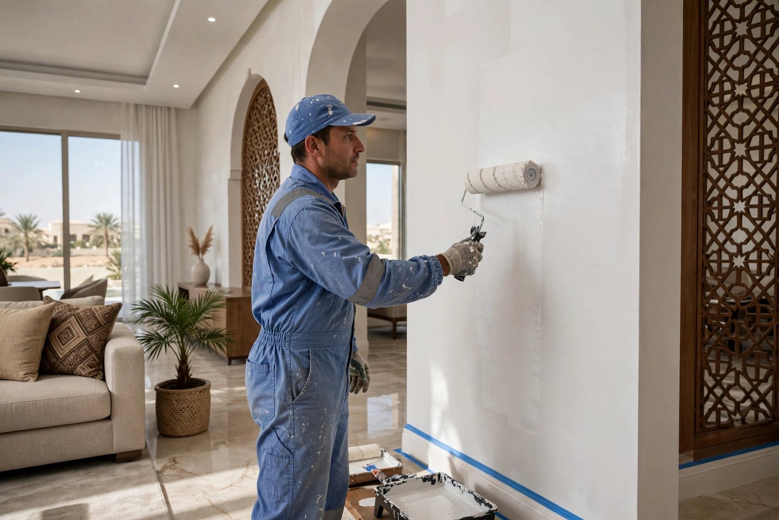 Painter applying fresh paint with a roller, a lasting fix for peeling walls