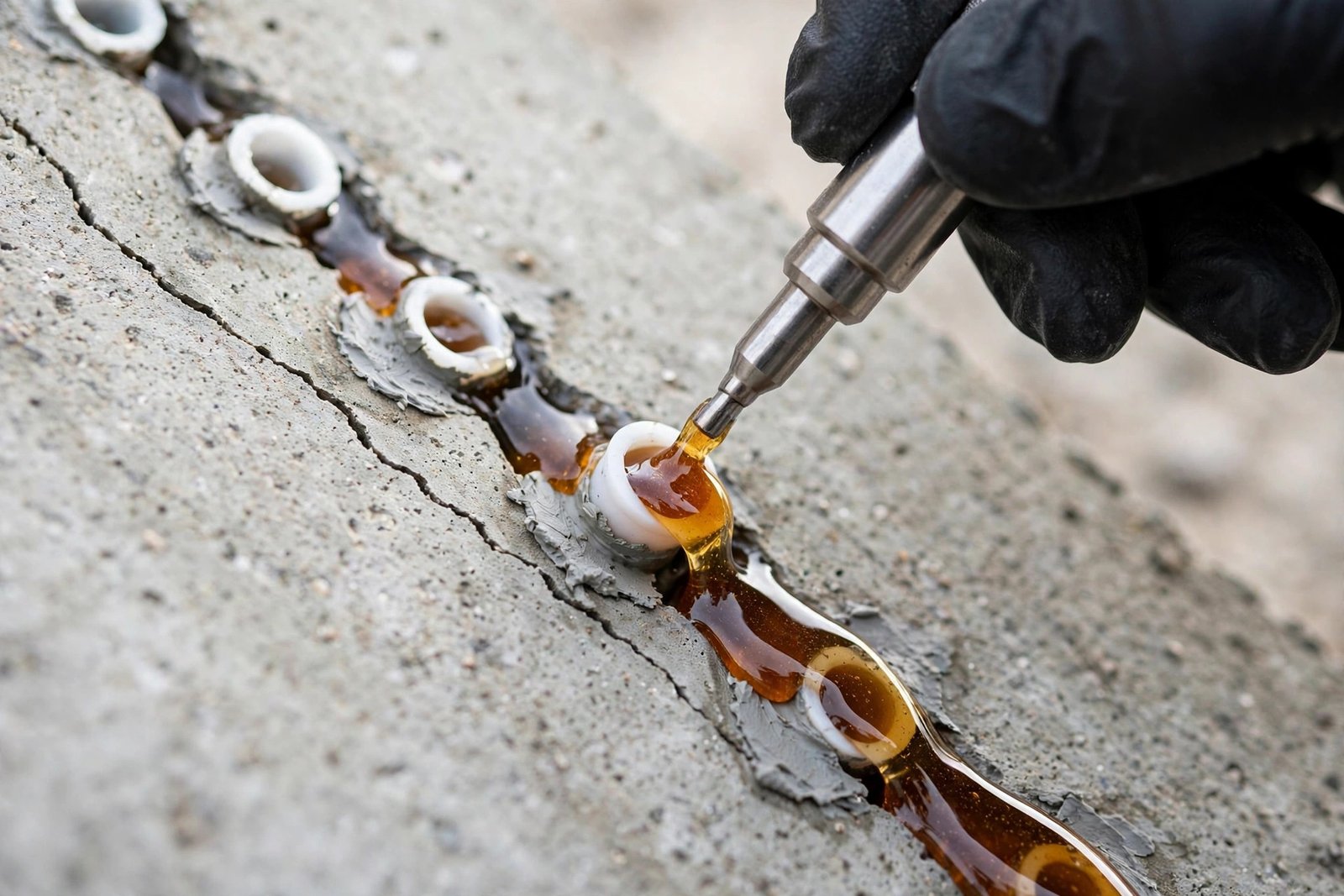 Close-up of epoxy concrete crack injection repair filling a crack in a Riyadh villa