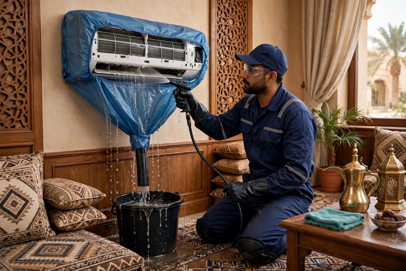ramadan ac preparation tips: deep chemical wash service on a split AC in a Saudi majlis