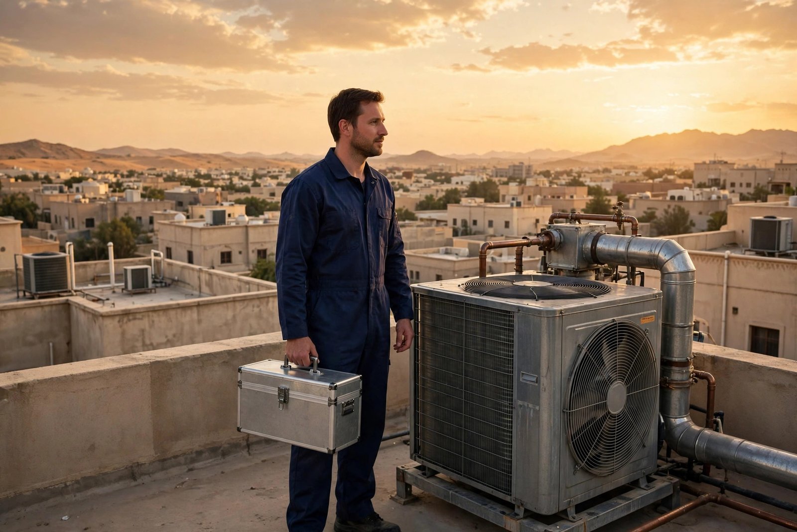 Outdoor condenser unit after a ducted ac service riyadh visit on a villa rooftop, 350 SAR package