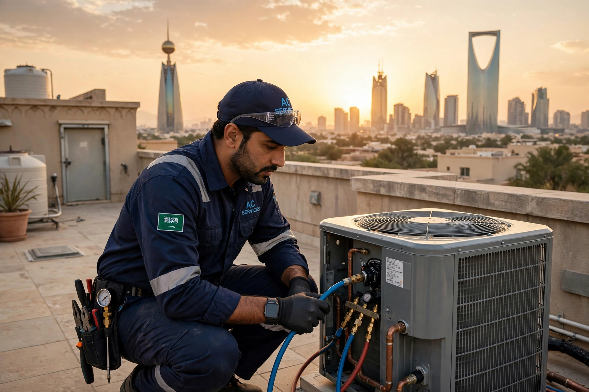 AC technician inspecting an outdoor AC unit on a Riyadh villa rooftop at sunset to resolve AC vibrating causes