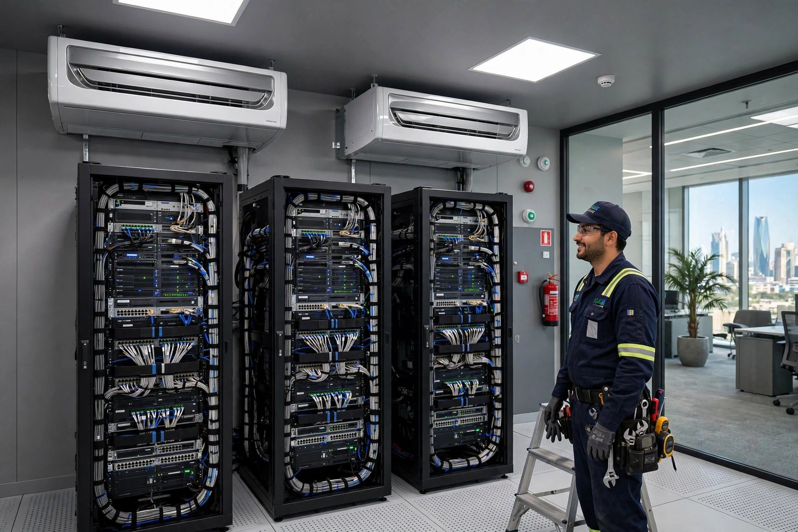 Finished server room AC installation Riyadh: modern office server room with redundant precision cooling units and neat server racks