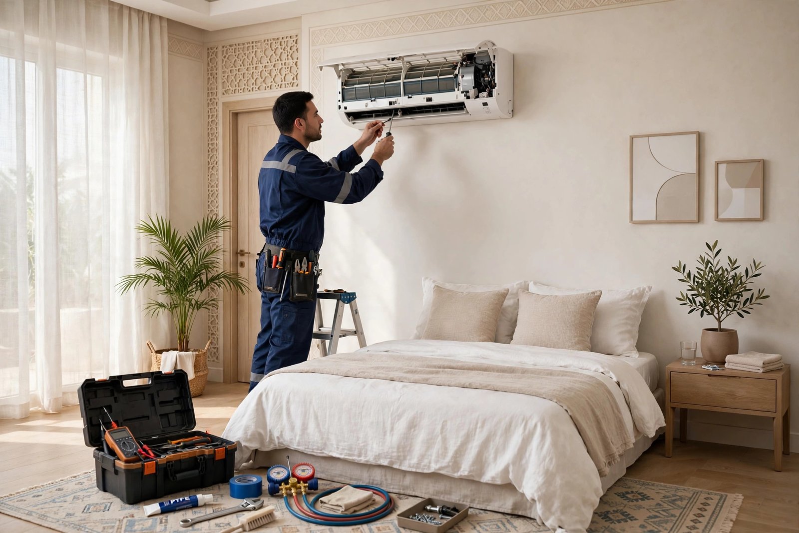SheelTalab technician servicing a split AC in Riyadh for efficient ac sleep mode timer performance