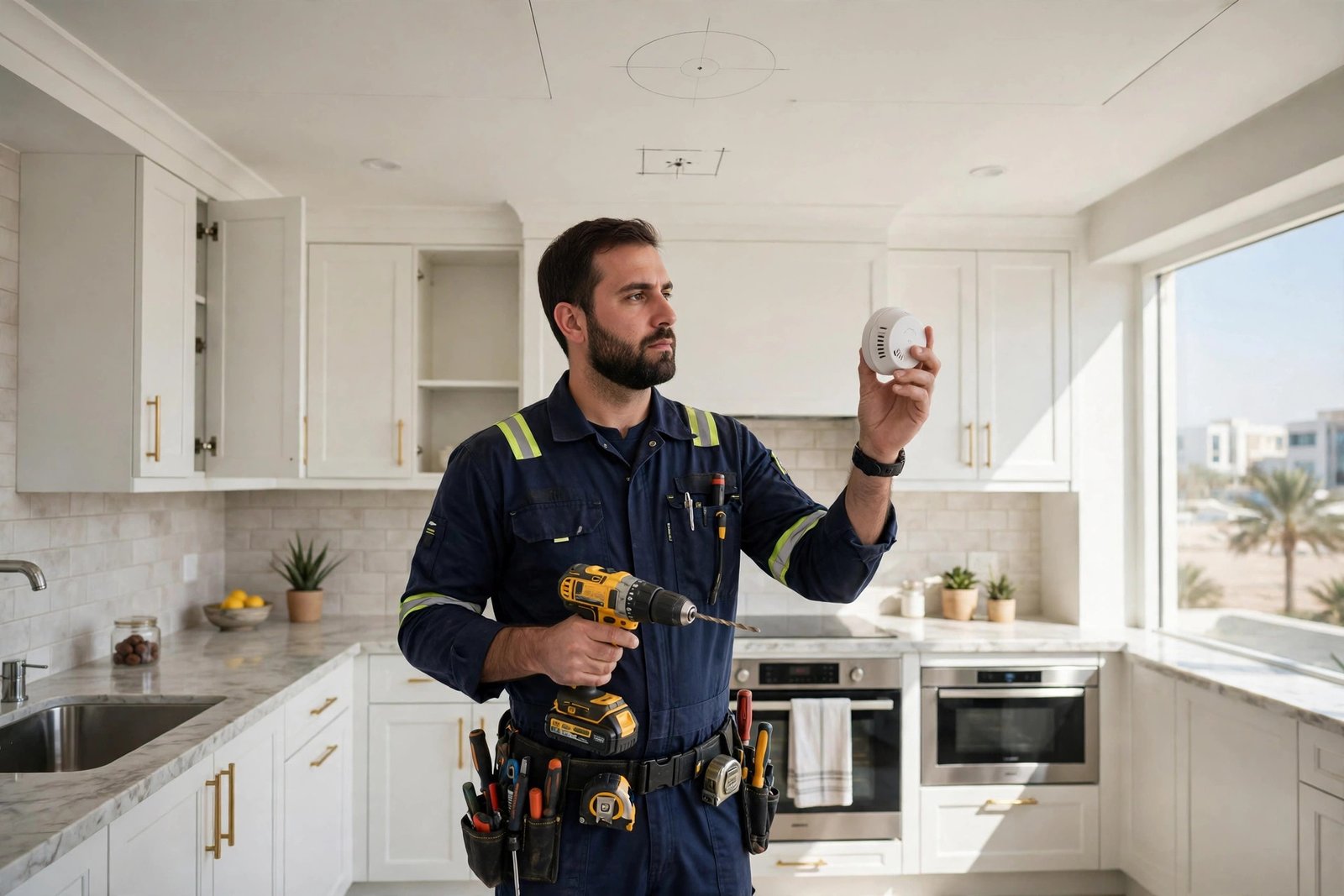 Electrician preparing smoke detector installation under smoke detector placement rules in a Riyadh kitchen