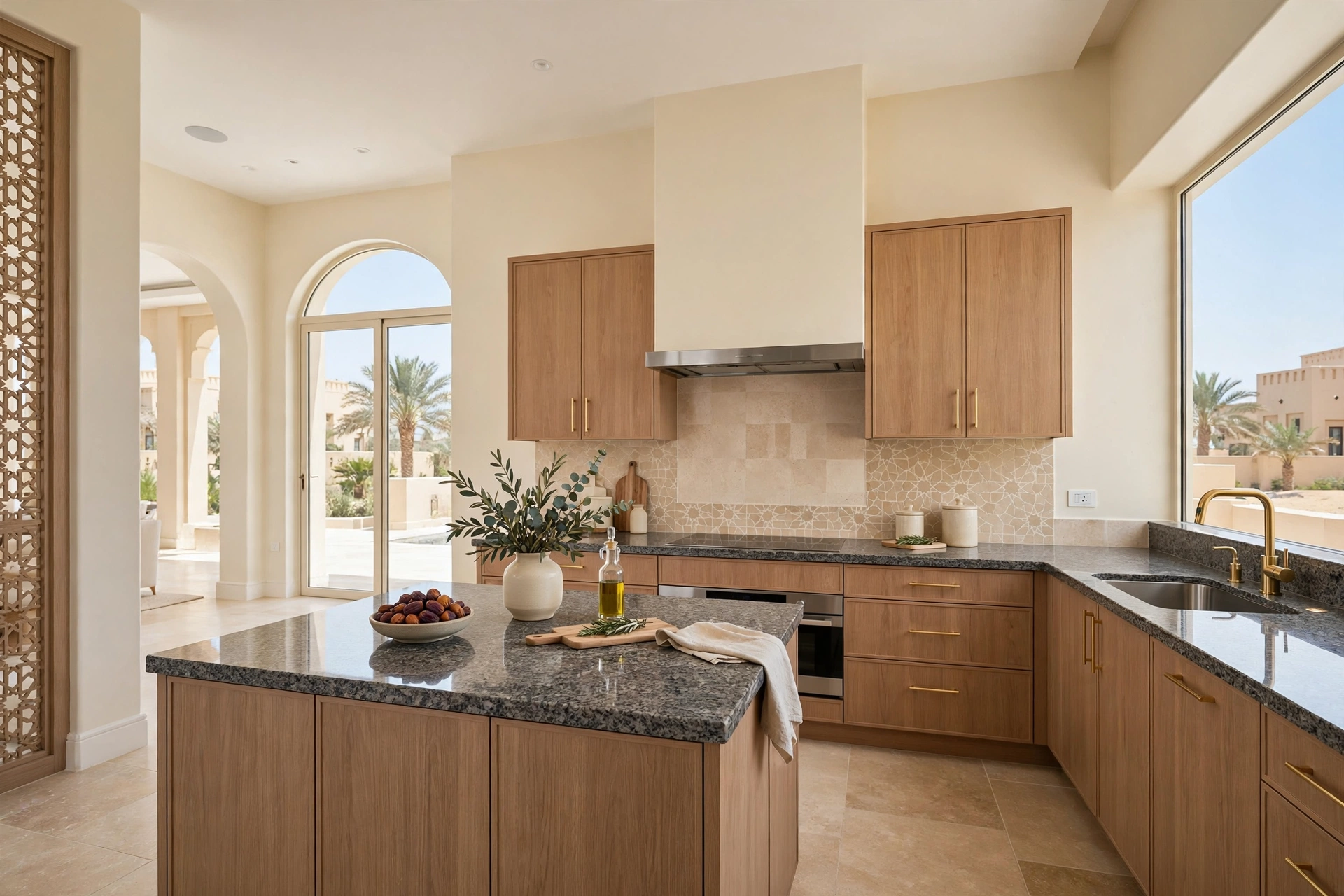 Finished kitchen in a Riyadh villa with fresh grease-resistant washable wall paint, the result of following smart kitchen wall paint tips
