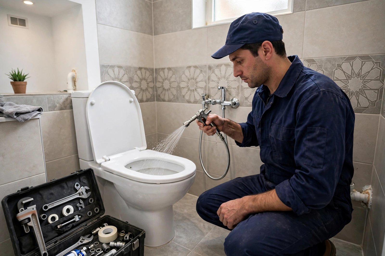 Plumber testing water pressure as the final step in shattaf installation tips Riyadh