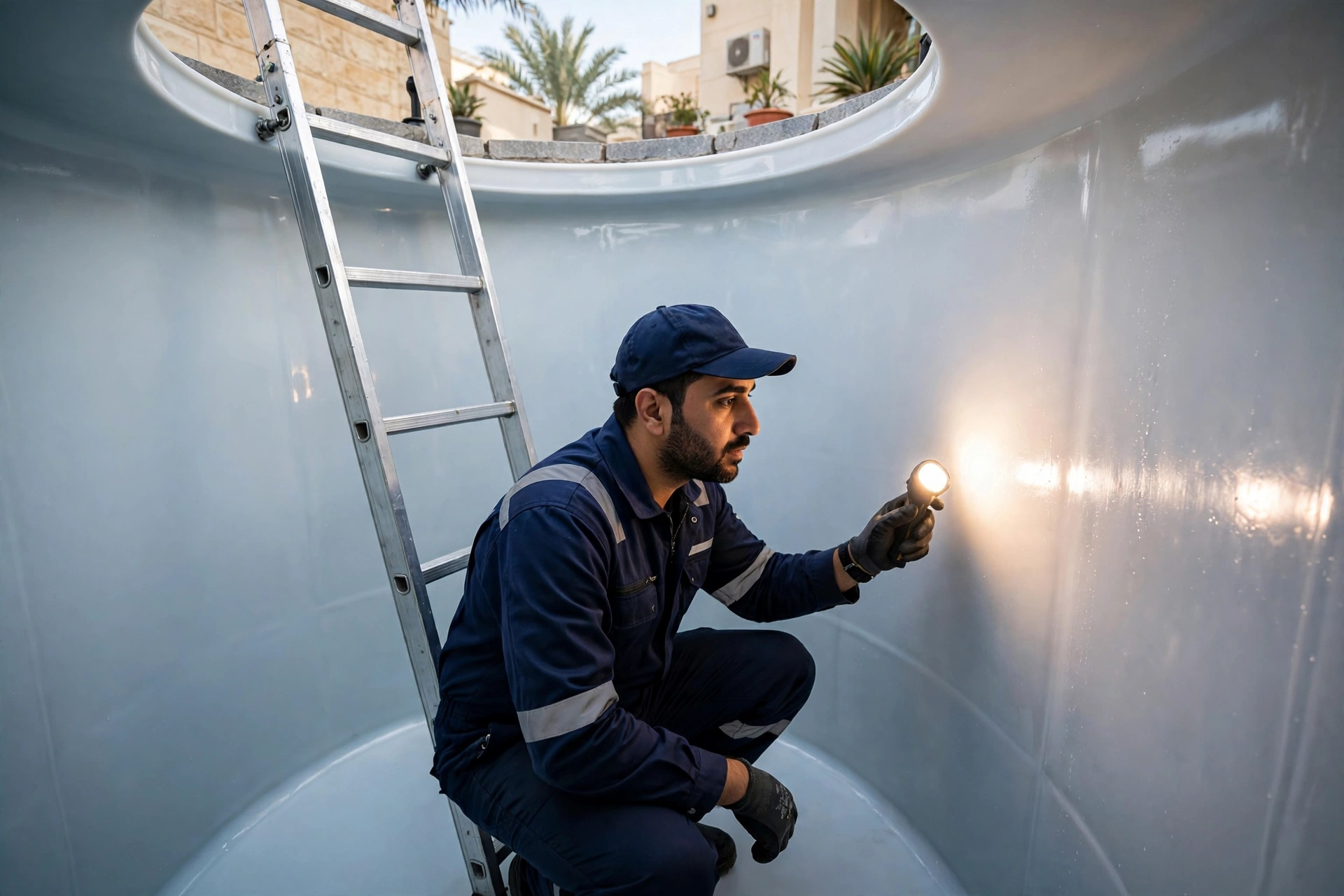 Inspection during underground water tank maintenance inside a clean polyethylene tank