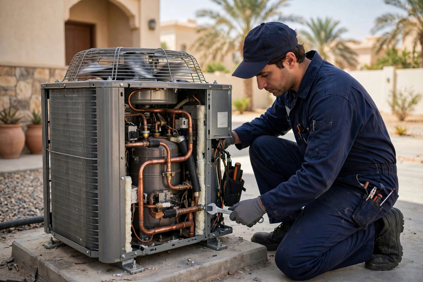 Technician tightening compressor mounts to fix split AC noisy parts vibration