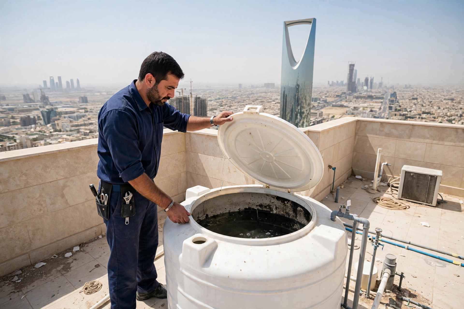 SheelTalab plumber inspecting a rooftop water tank for rusty tap water causes