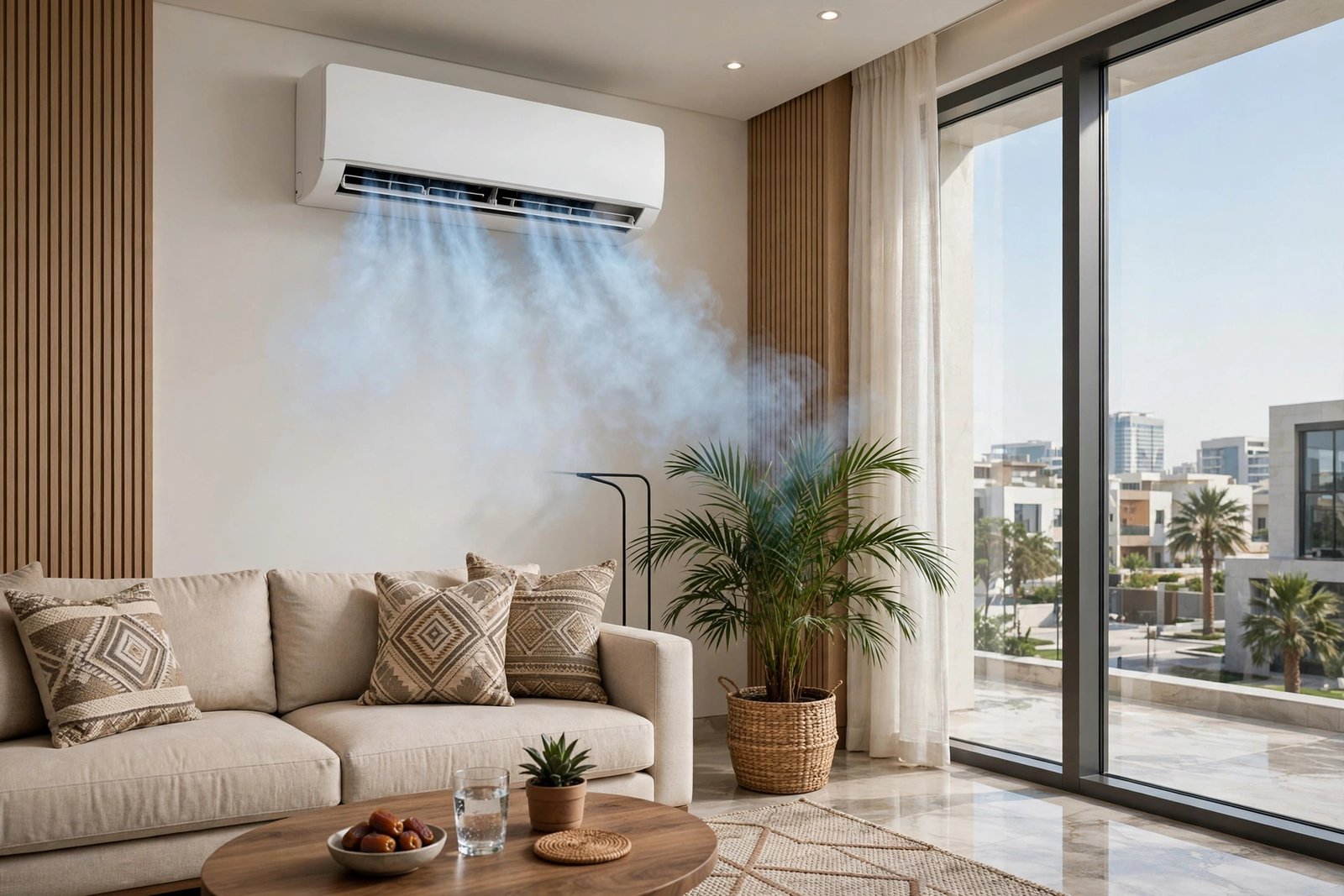 Indoor split AC unit blowing cool air in a modern Riyadh living room after fan motor repair