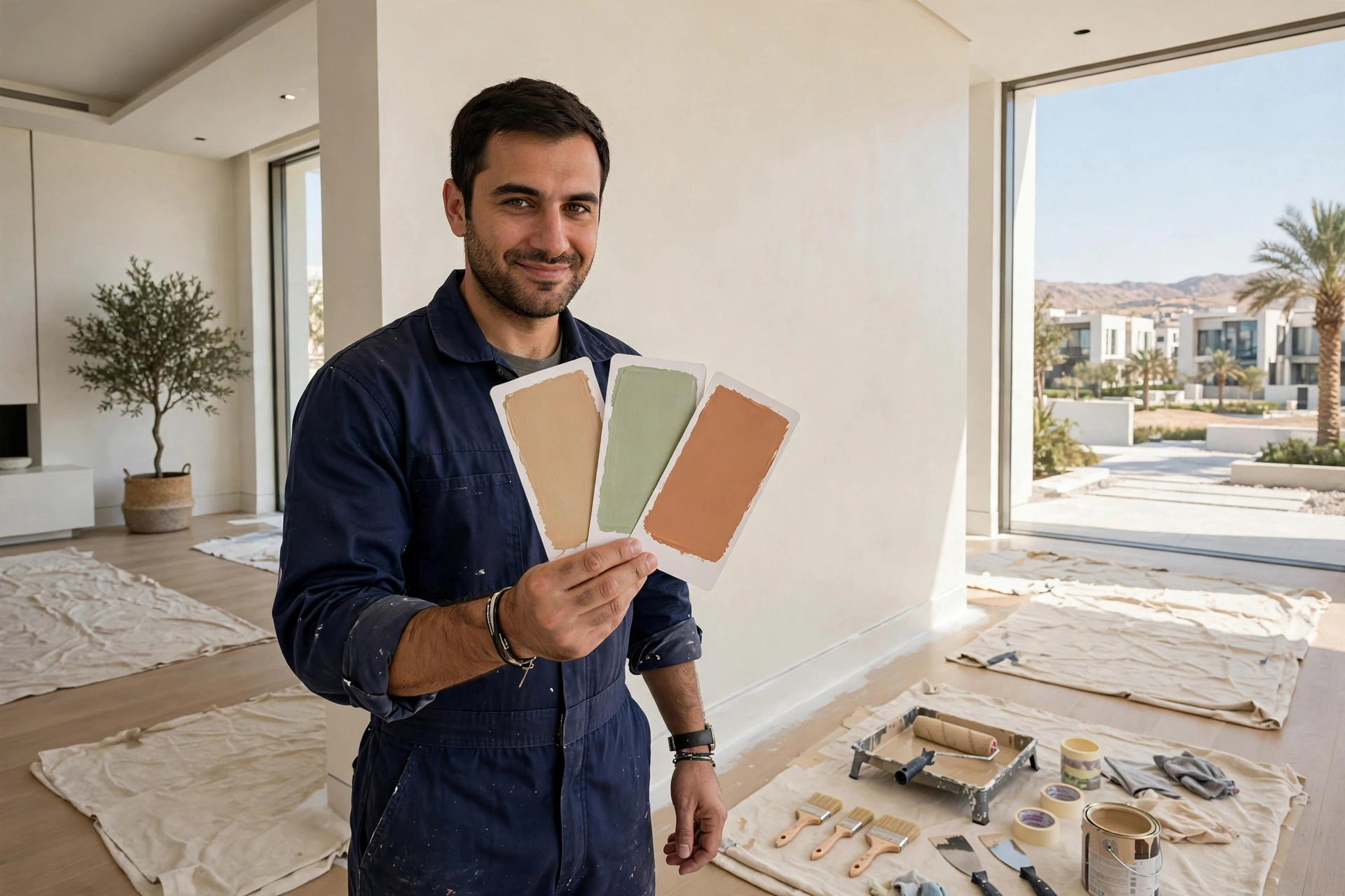 Professional painter showing 2026 wall color swatches, beige sage and desert tones, in Riyadh home