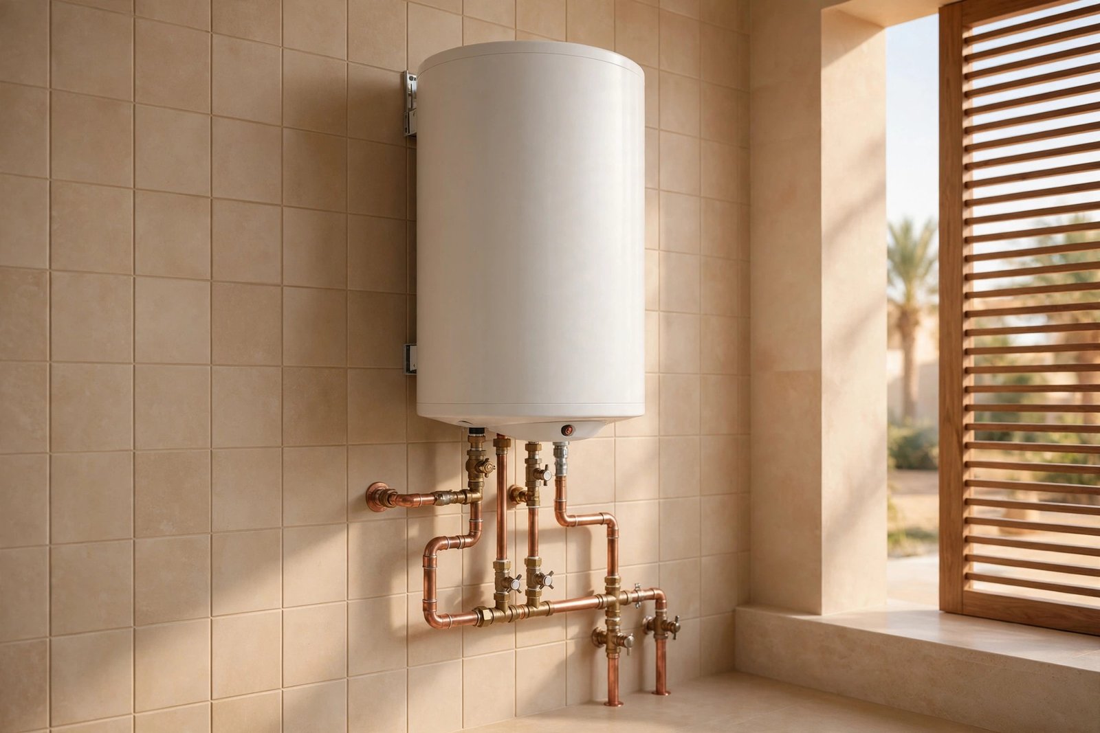 Finished wall-mounted water heater in a Saudi home bathroom, water heater installation cost riyadh completed