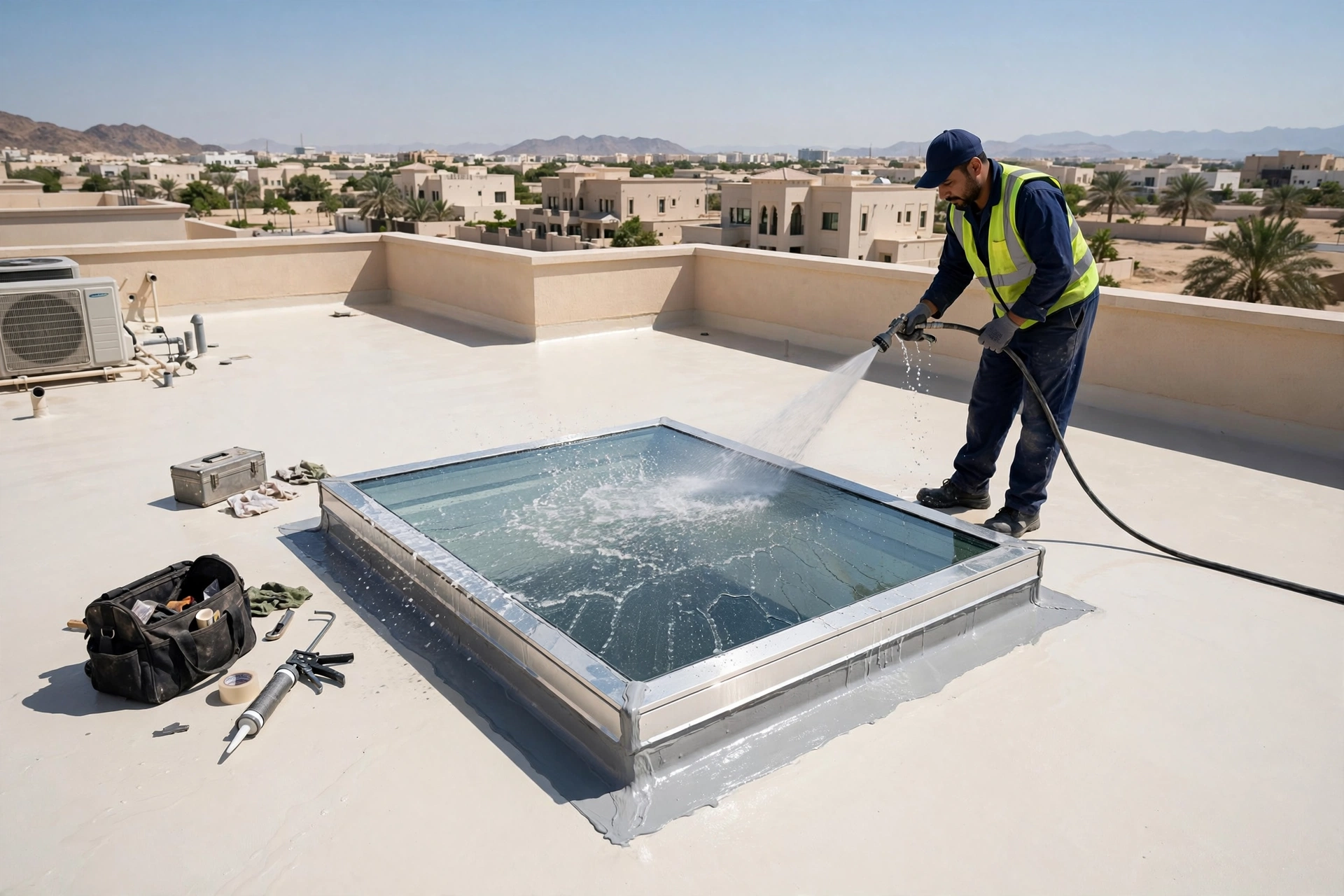 Hose water test on a villa roof after a completed skylight leaking rain fix