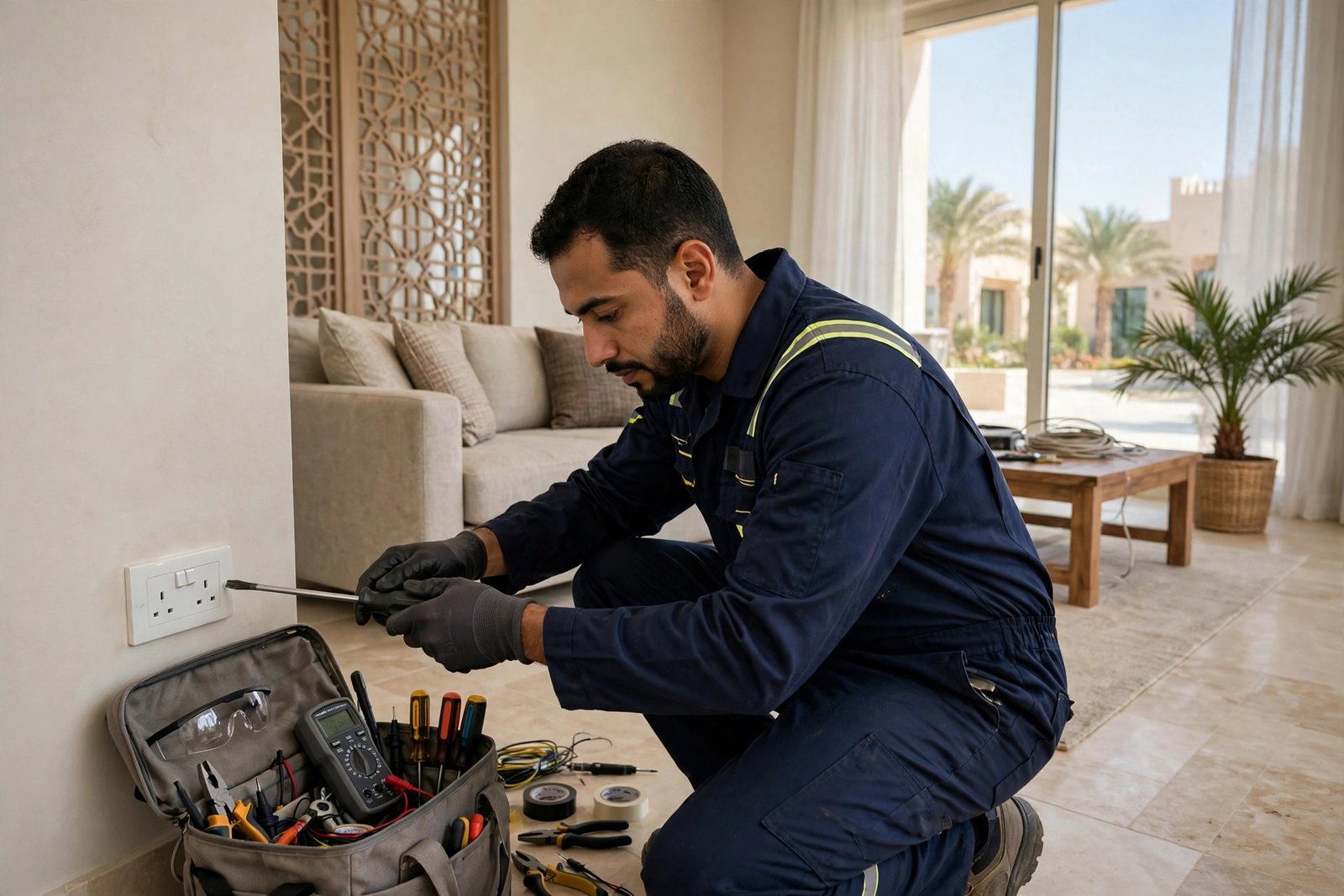 Power outage one room checks by an electrician tightening an outlet in a Riyadh villa living room