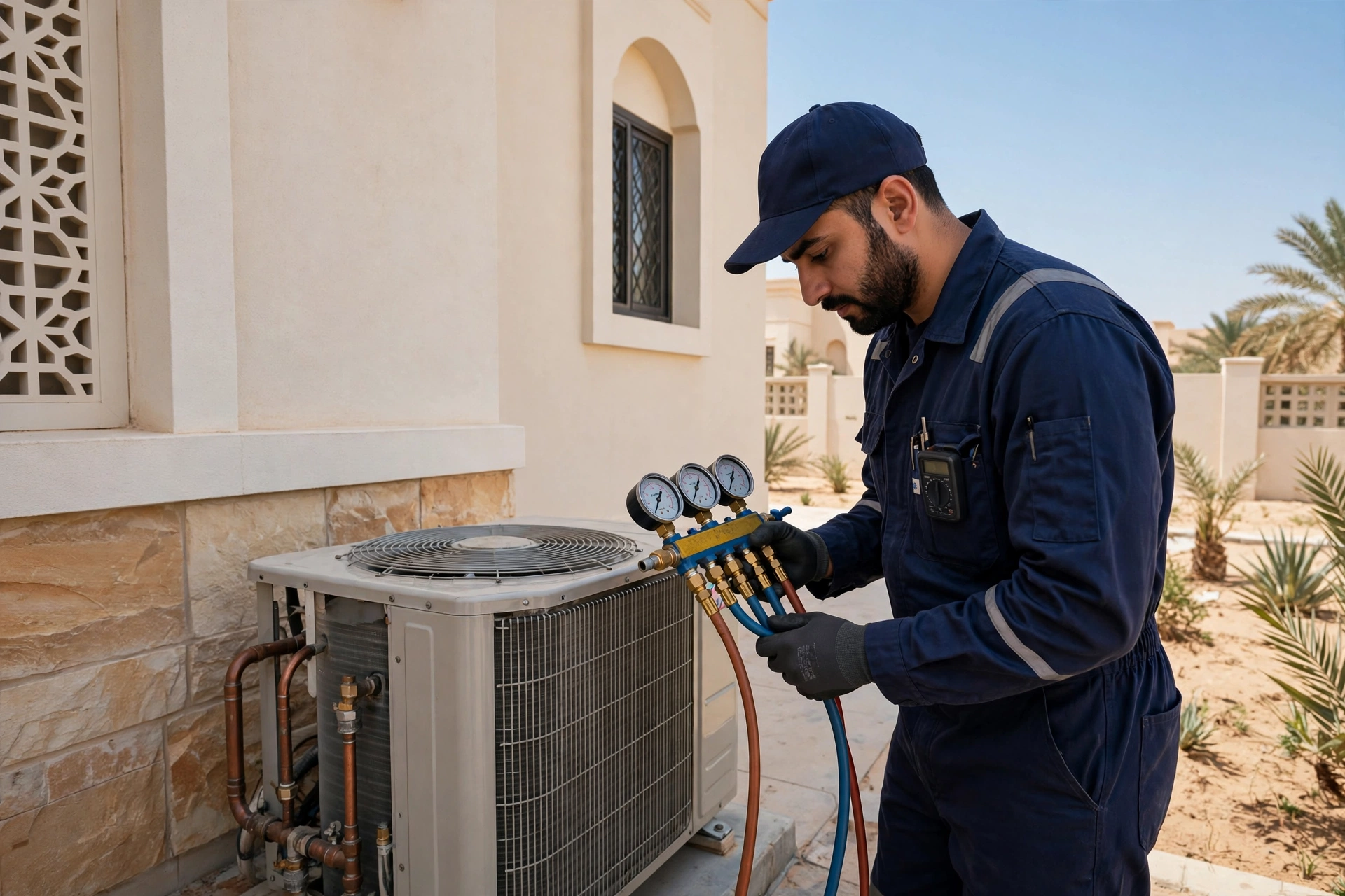 Technician checking outdoor unit refrigerant pressure for a split AC leaking water inside