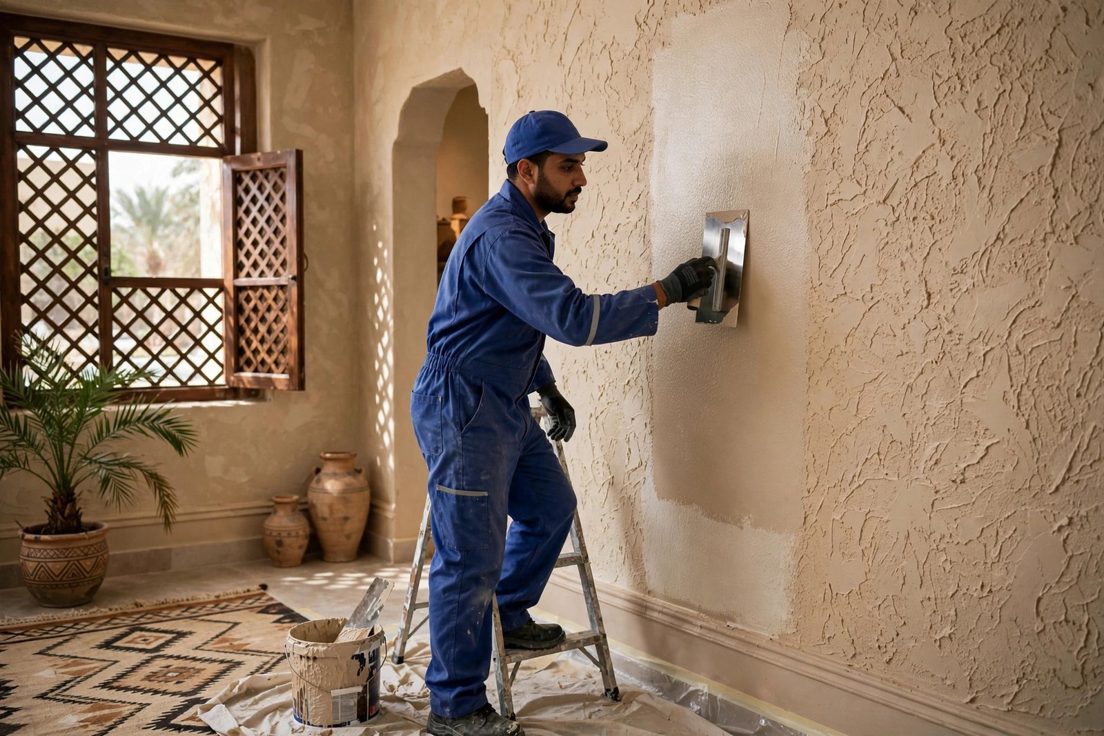 Painter applying textured wall paint styles on a bedroom wall in Riyadh Saudi Arabia