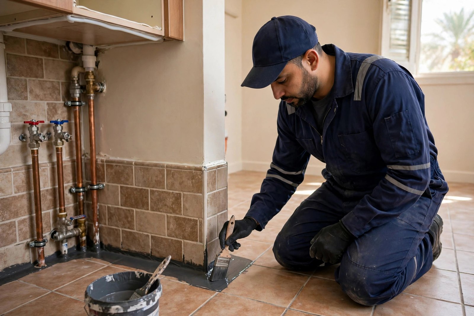Floor edge kitchen waterproofing zone: waterproof coating applied along tiled kitchen corners