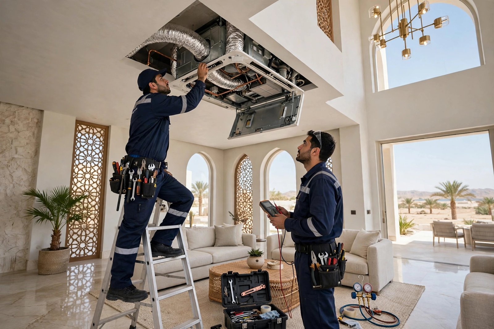 Two technicians servicing a concealed ducted indoor unit connected to a VRV system in a Riyadh villa