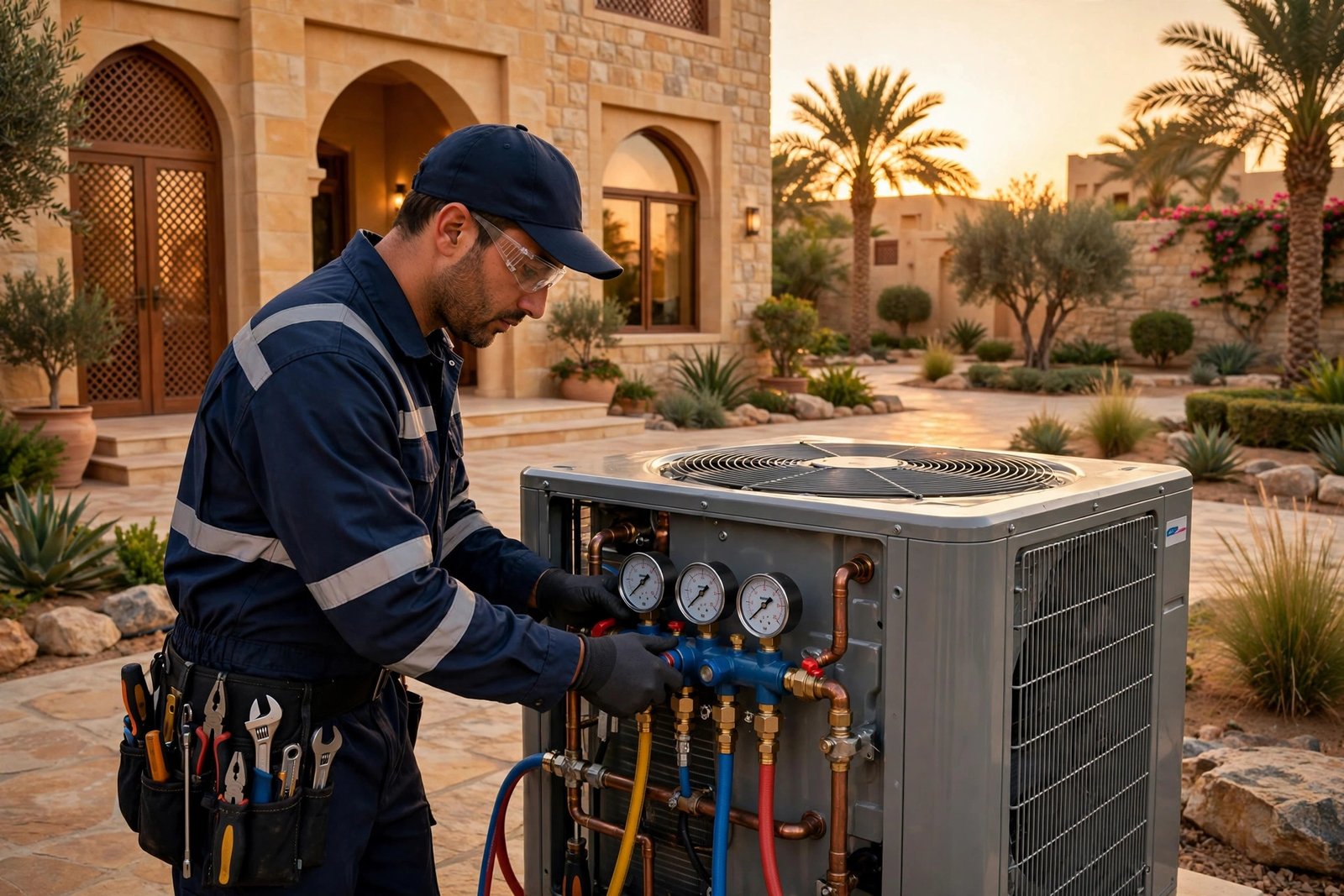 VRF system design villa basics: technician commissioning a VRF system in a Riyadh villa