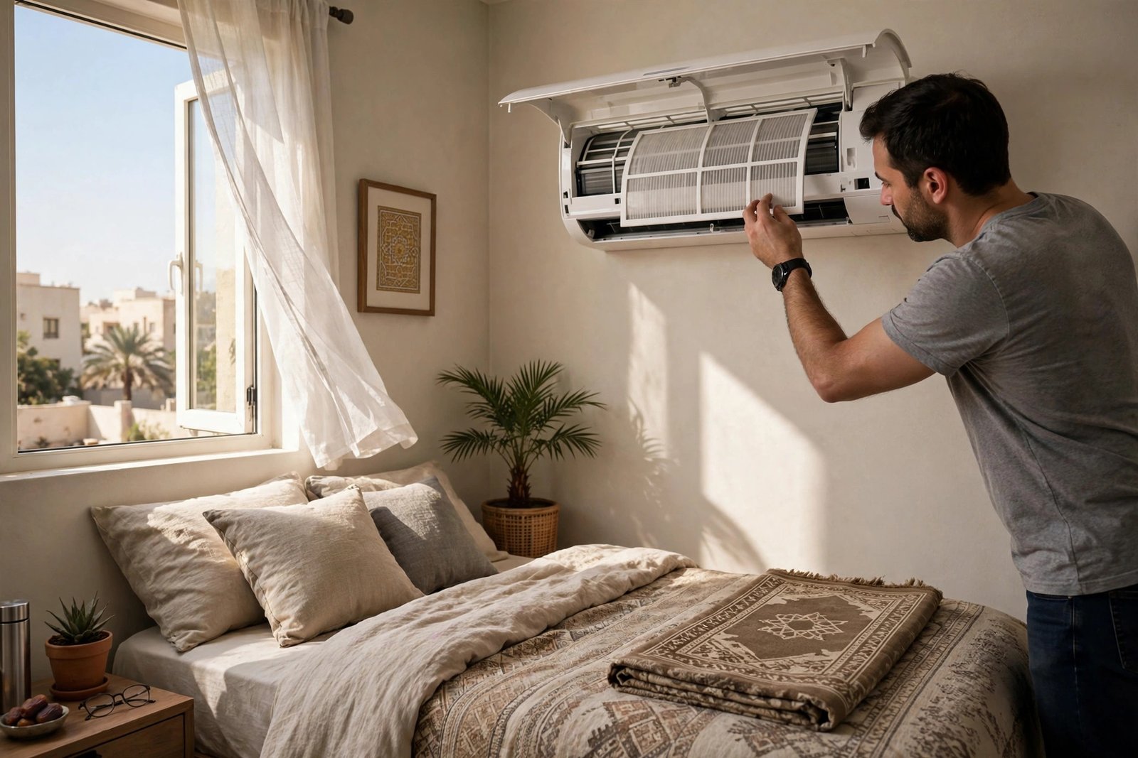 Person reinstalling the washed filter, the final step to clean split AC filter at home in a Riyadh bedroom