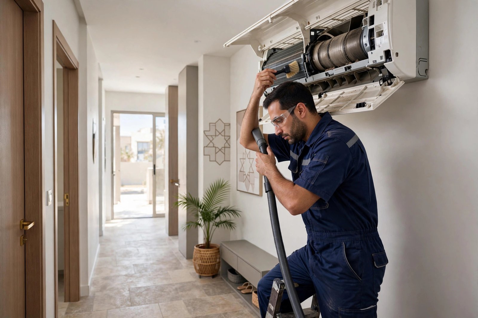 Cleaning blower fan blades to fix ac blower motor repair signs during AC maintenance in a Saudi home