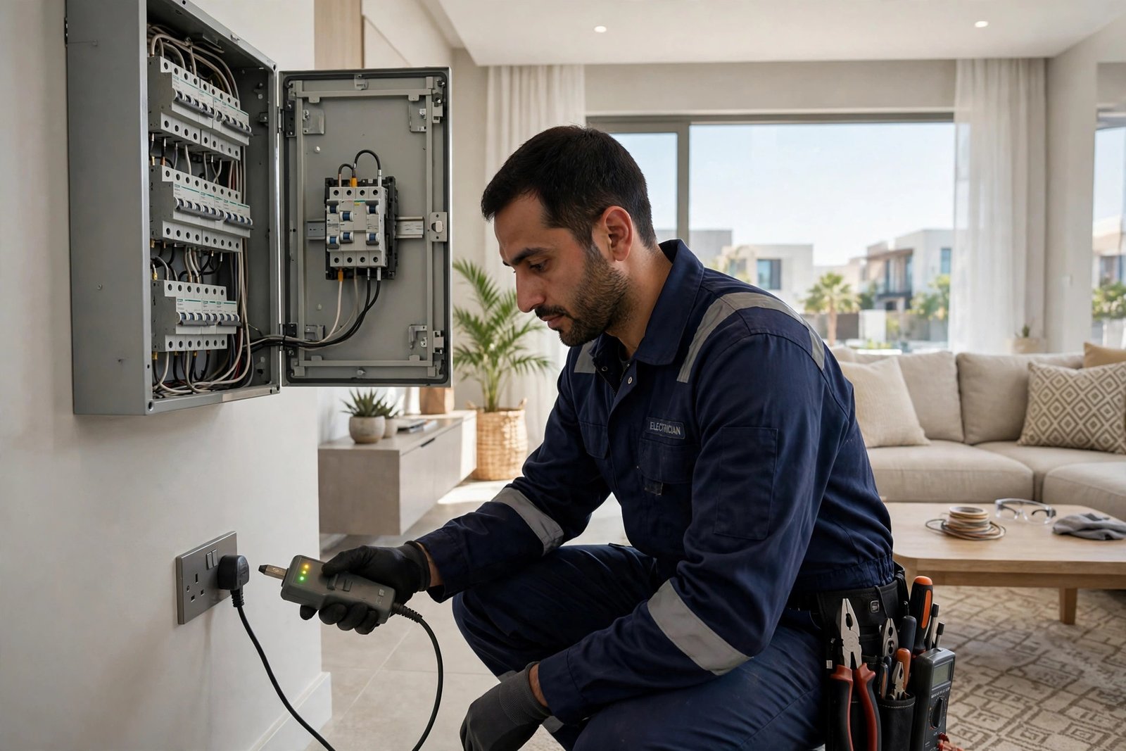 db panel upgrade signs check: electrician testing sockets and panel in Riyadh home