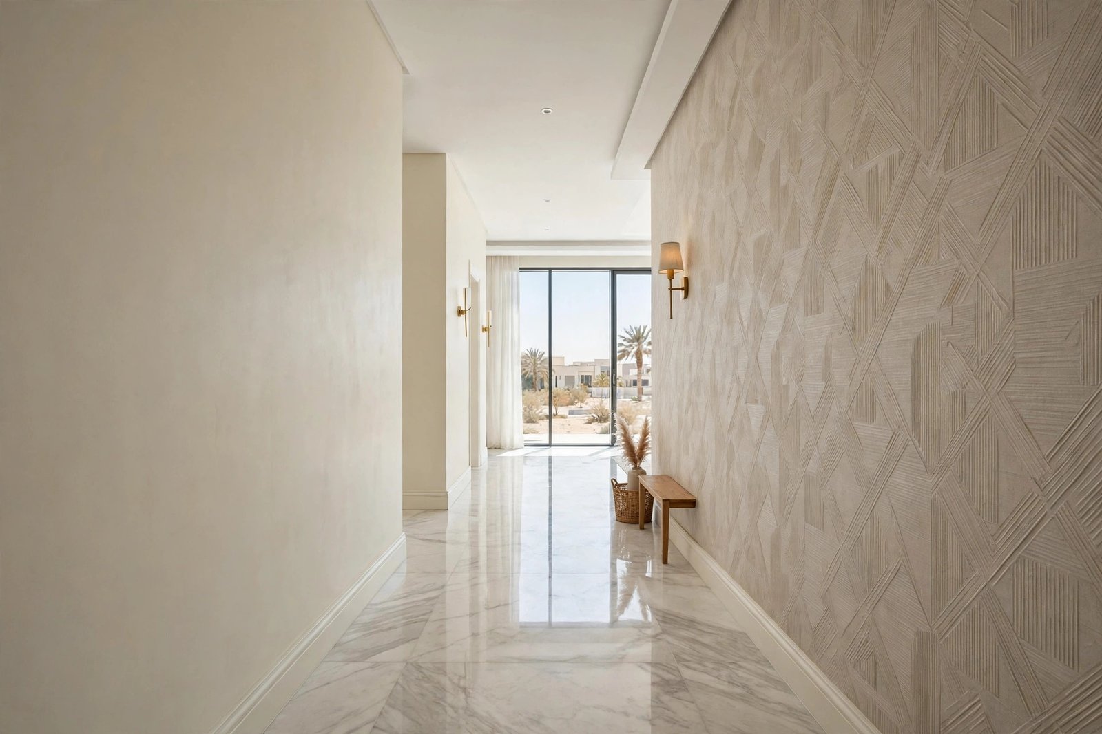 Wallpaper vs paint differences compared in a Riyadh villa hallway