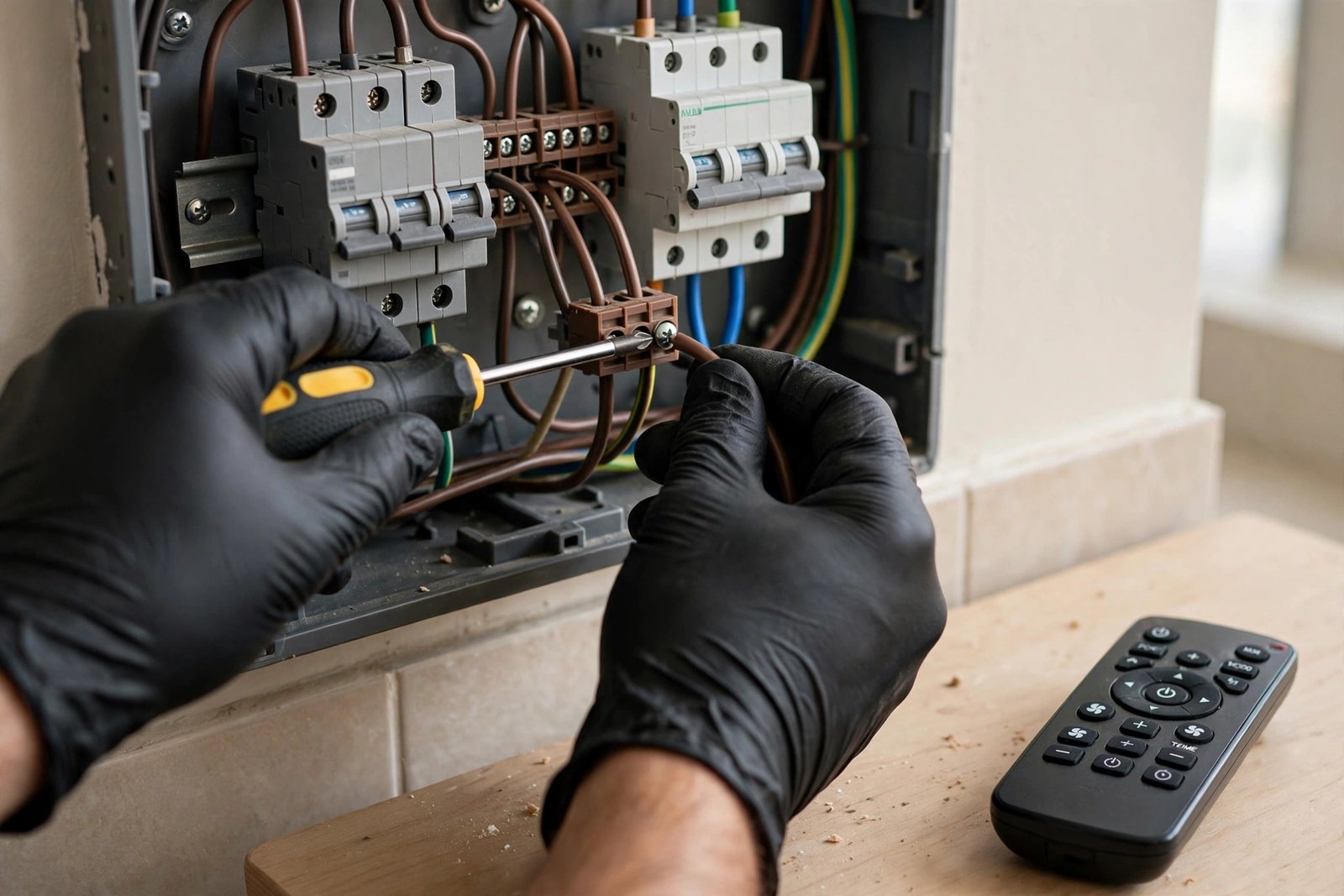 Electrician tightening wiring inside a distribution board to fix the lights flicker AC turns on problem