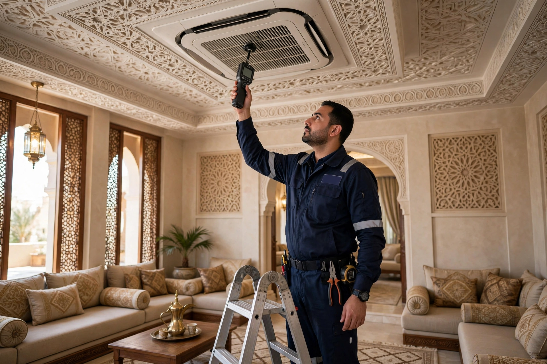 HVAC technician testing airflow at ceiling grilles of a ducted AC system in a Riyadh villa