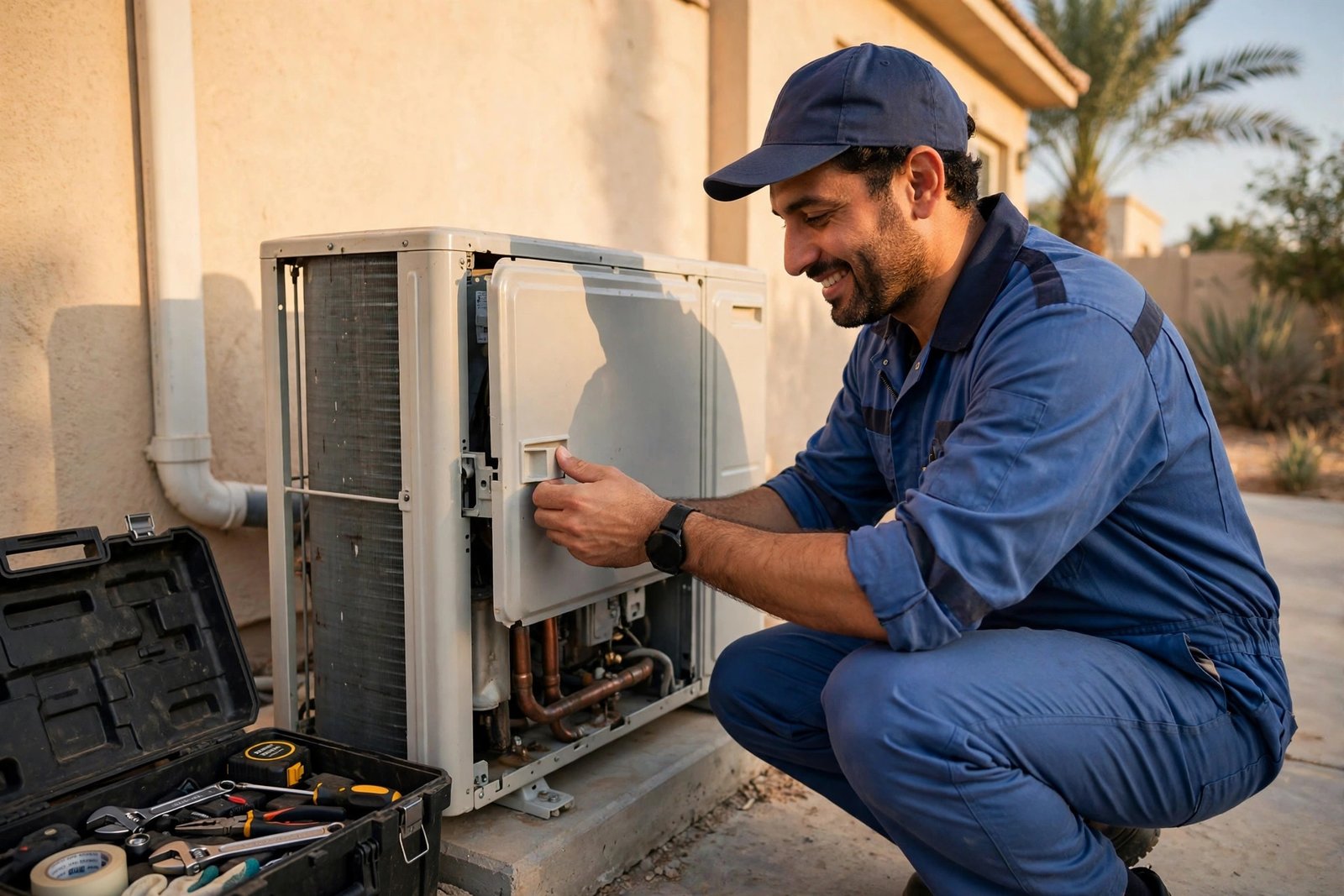 SheelTalab technician finishing an ac capacitor replacement in a Riyadh home