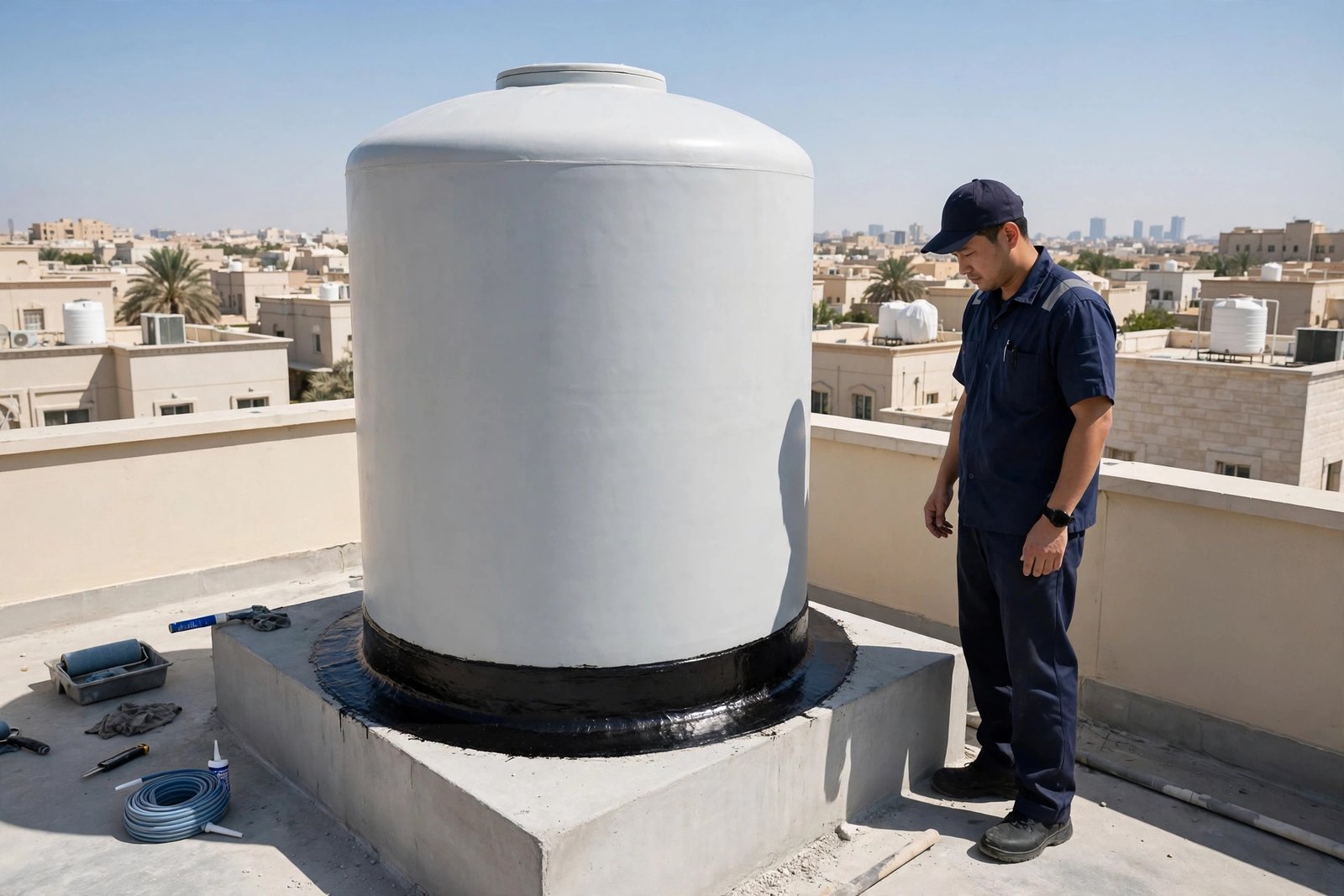 Finished water tank base waterproofing steps on a Riyadh villa rooftop with sealed membrane band