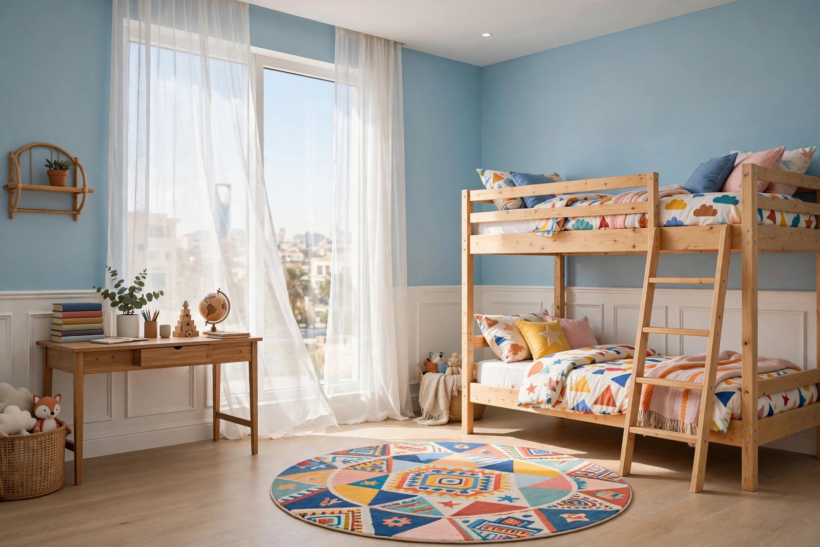 Kids room with sky-blue washable paint finish and white wainscoting, a favorite kids room washable paint pick for small rooms