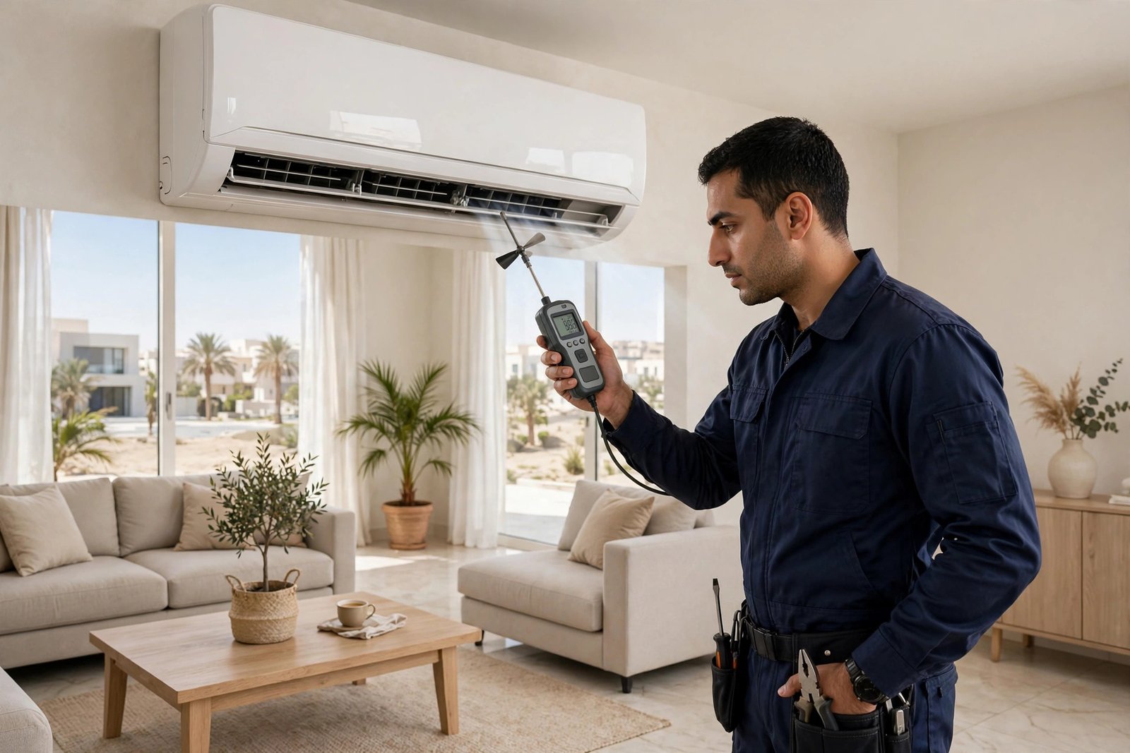 Professional AC technician measuring airflow to diagnose split AC weak airflow causes in a Riyadh villa