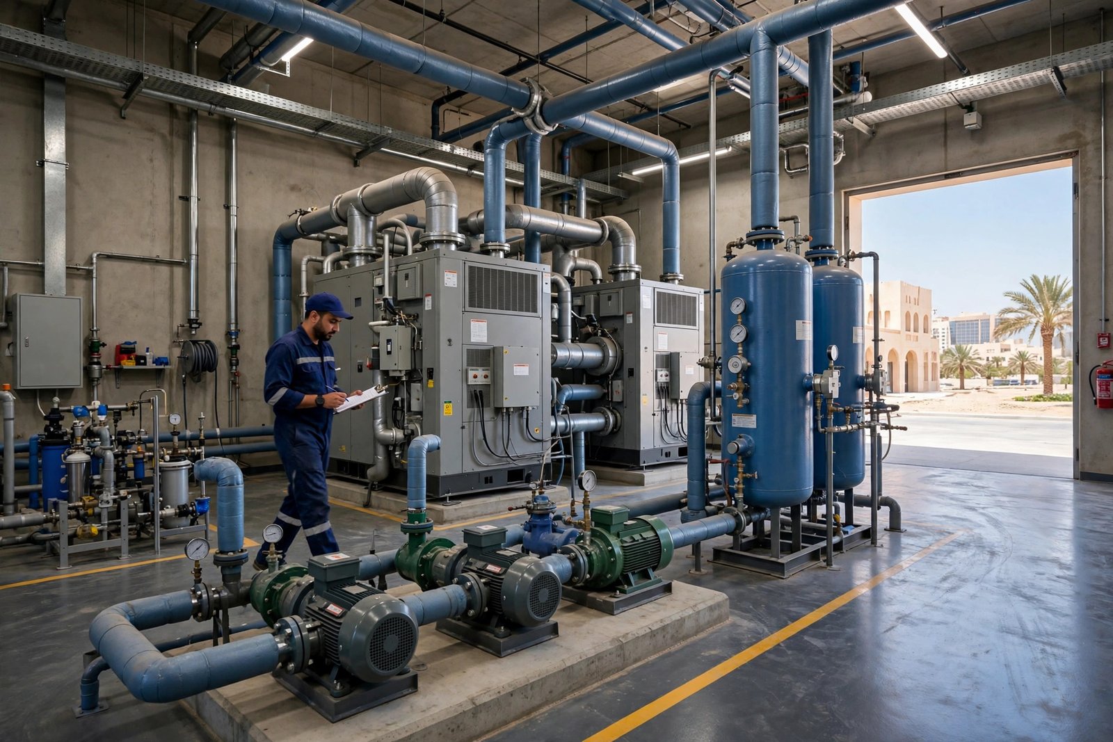 Commercial chiller plant room in Riyadh with pumps and piping during scheduled chiller maintenance