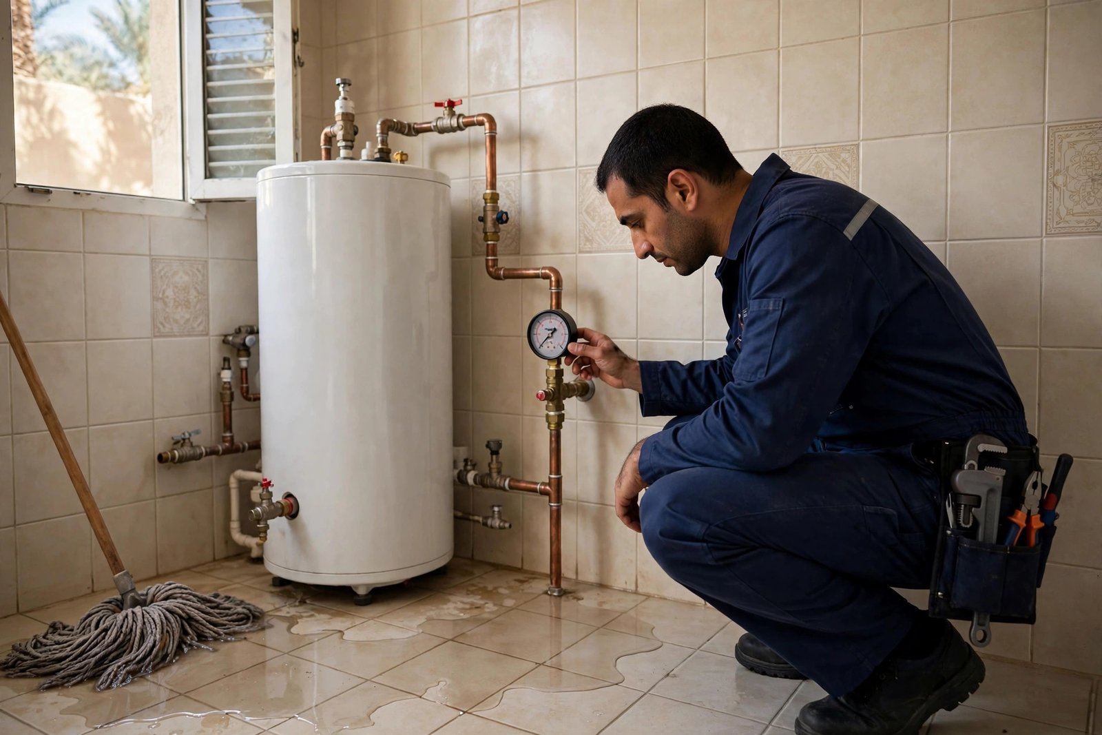 SheelTalab plumber testing water pressure, a common water heater leaking cause