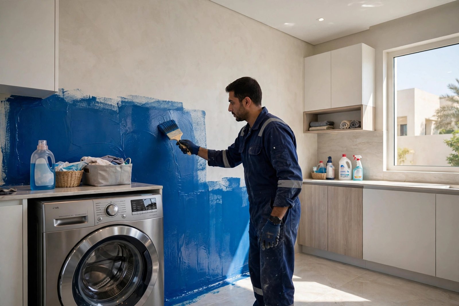 Applying waterproof membrane to laundry room walls, part of complete laundry room waterproofing areas coverage, in a Riyadh villa